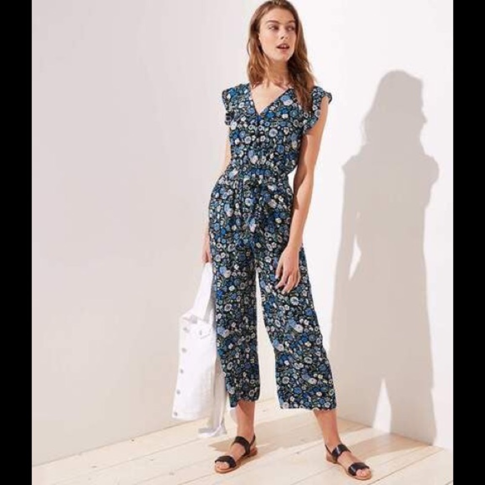 Loft floral ruffle sleeve jumpsuit